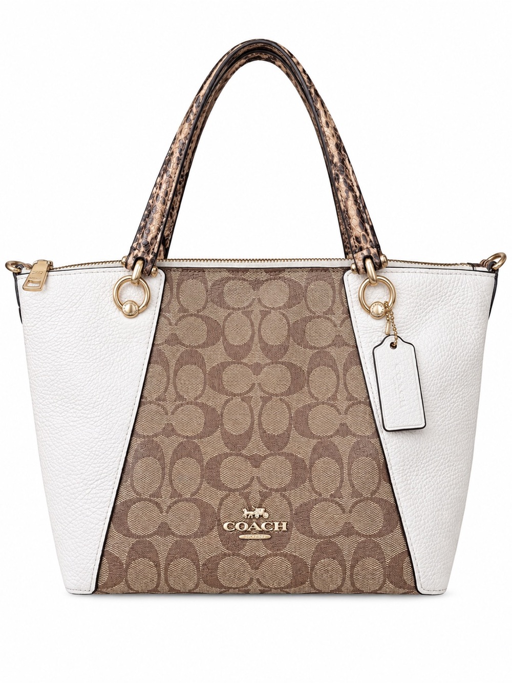 COACH Kacey Signature Ivory Satchel Snake Embossed Trim Crossbody Bag